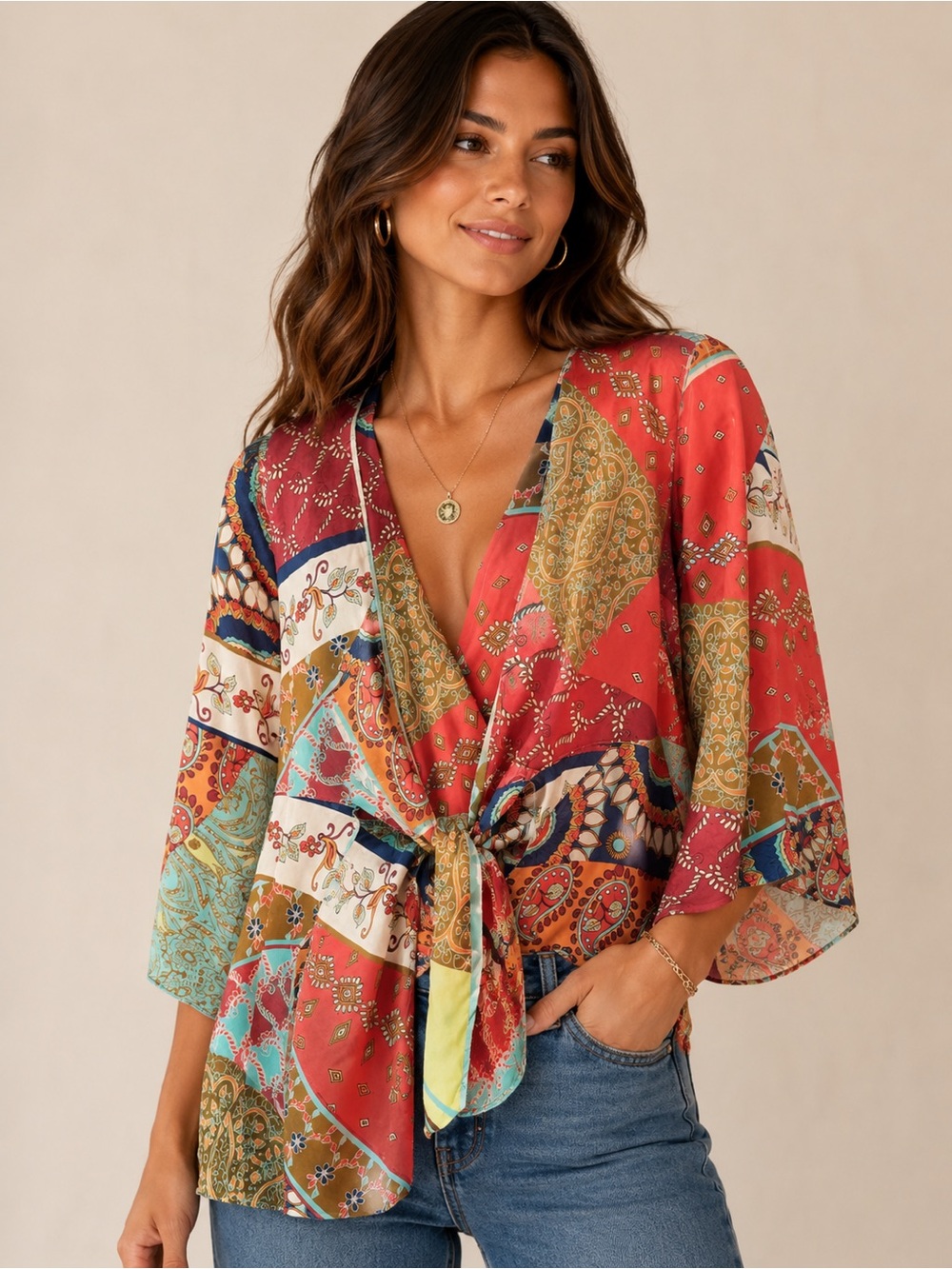Cabi Patchwork Printed Tie-Front Kimono